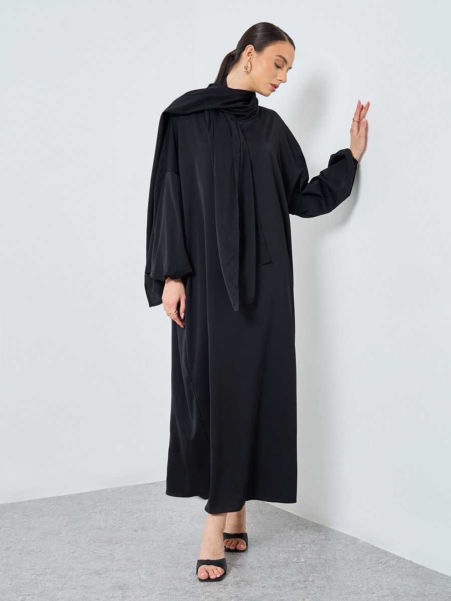 Black Volume Sleeves Abaya with Matching Scarf