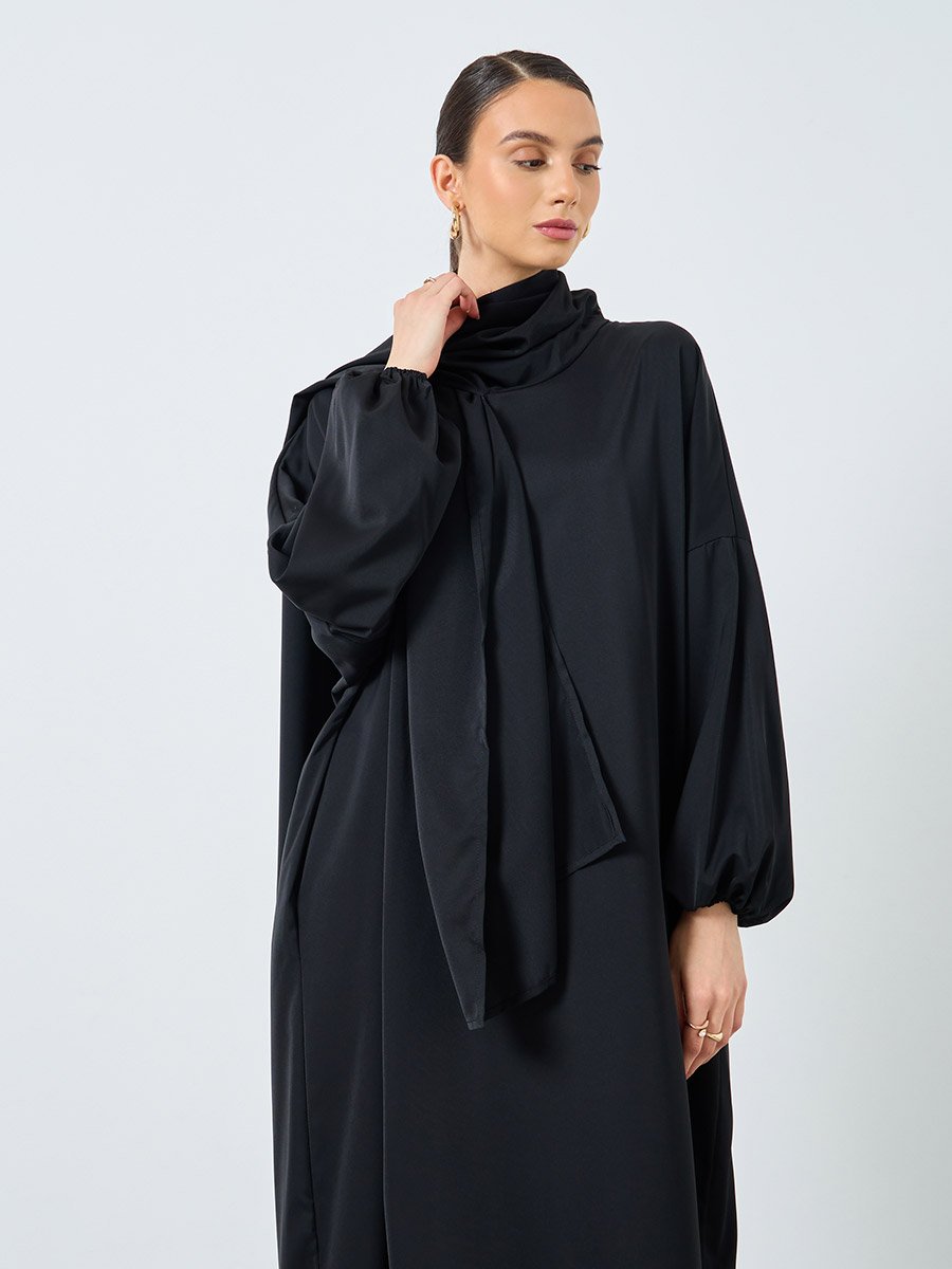 Black Volume Sleeves Abaya with Matching Scarf