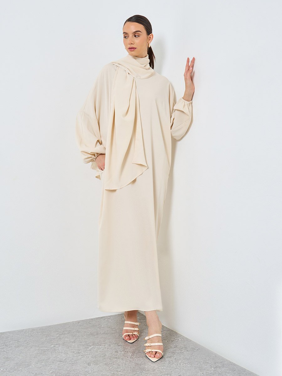 Beige Volume Sleeves Abaya with Matching Scarf