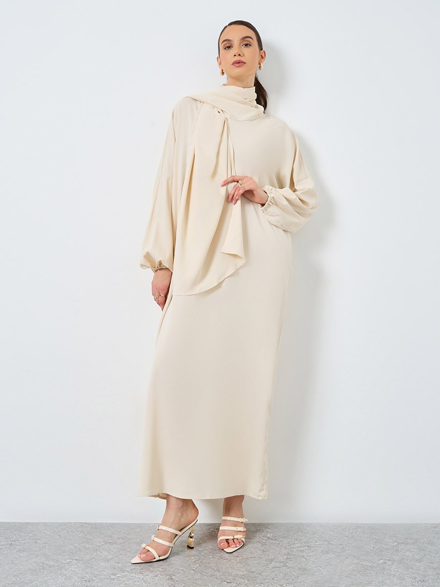 Beige Volume Sleeves Abaya with Matching Scarf