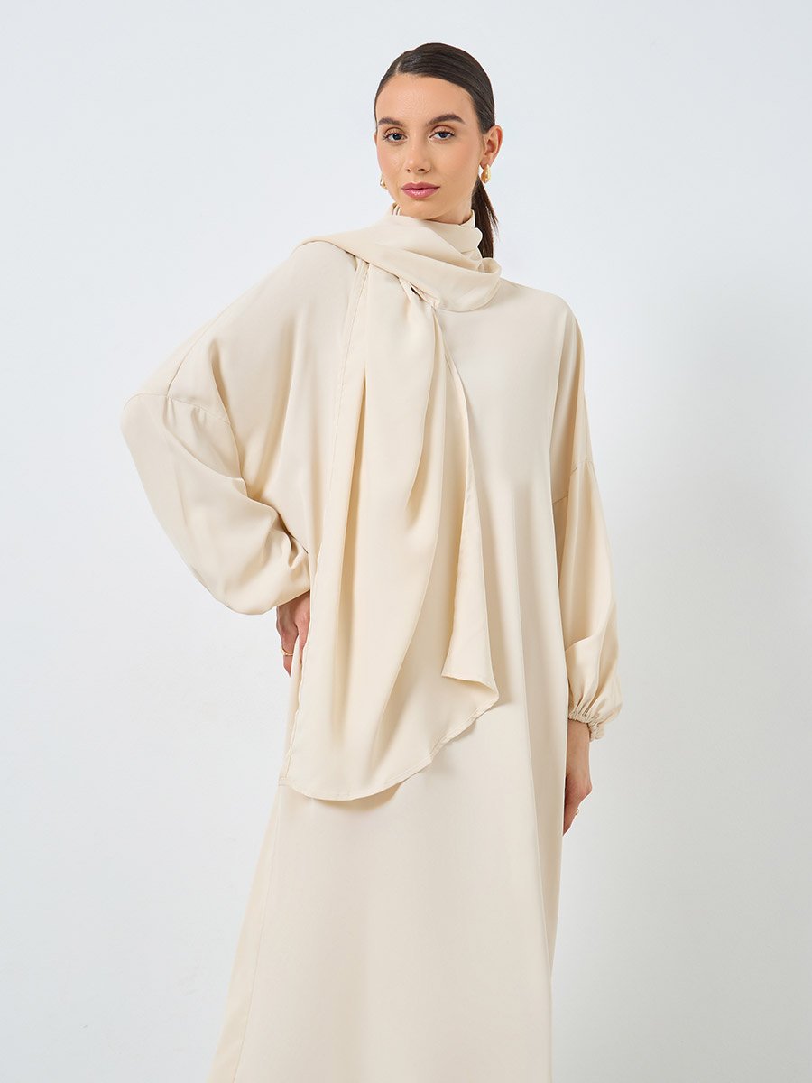 Beige Volume Sleeves Abaya with Matching Scarf