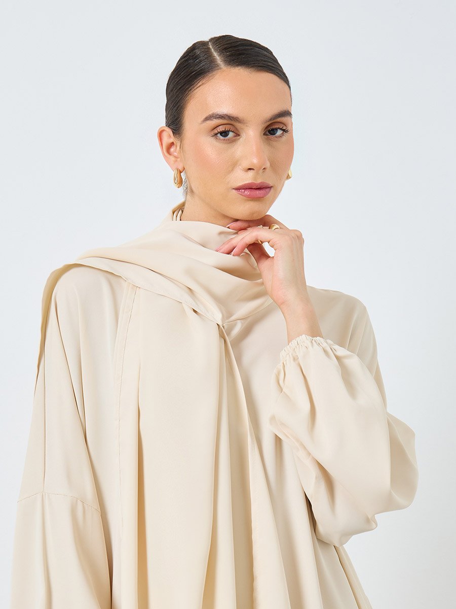 Beige Volume Sleeves Abaya with Matching Scarf