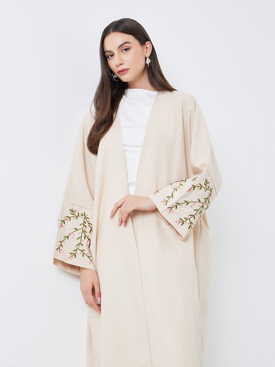 Beige Open Front Embroidered Sleeve Abaya