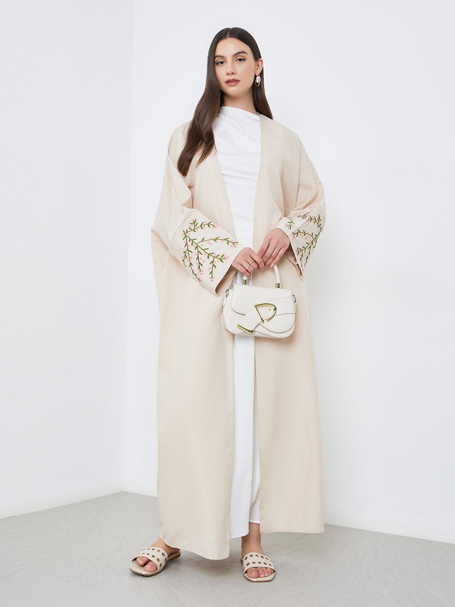 Beige Open Front Embroidered Sleeve Abaya