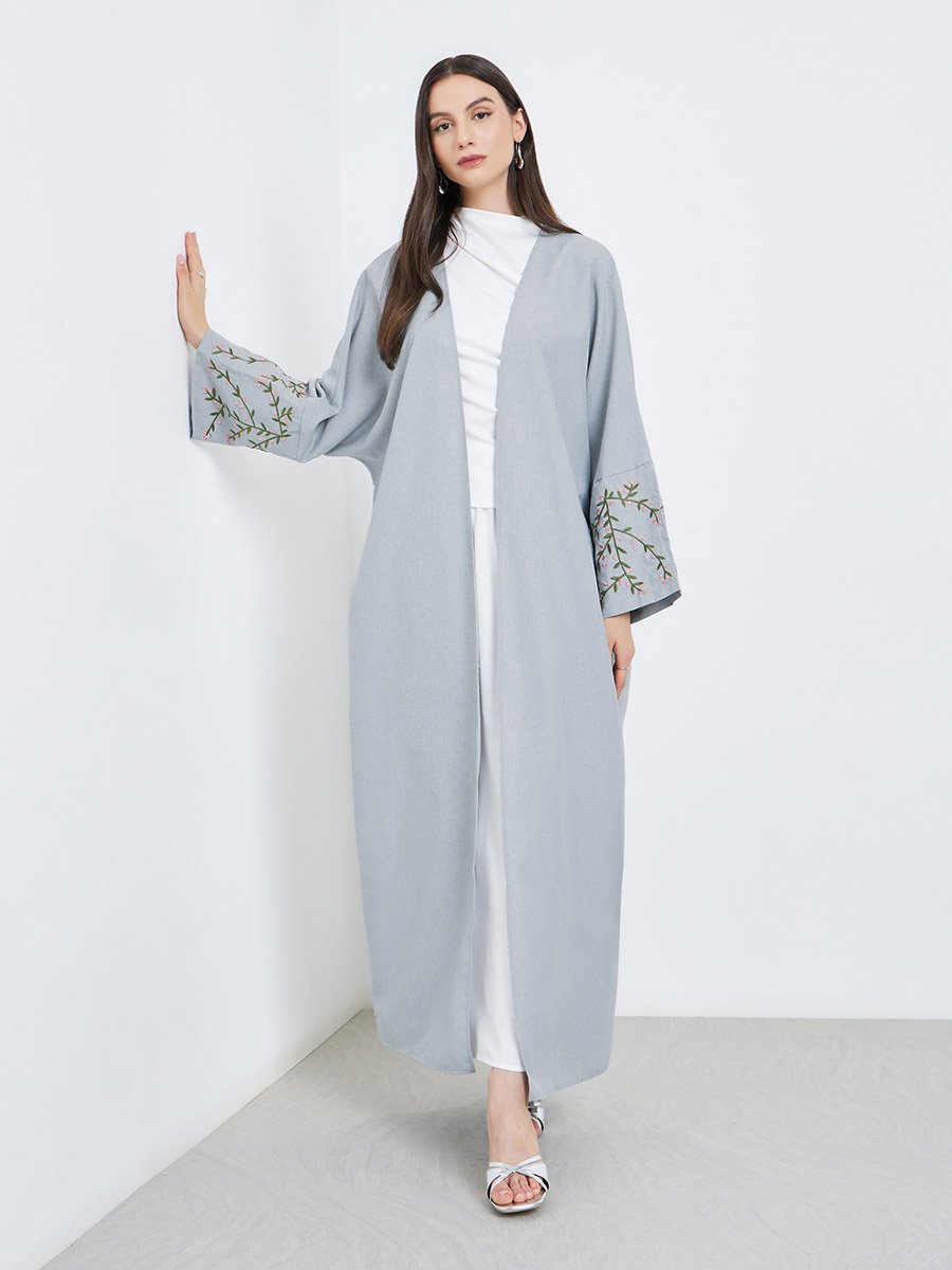 Grey Open Front Embroidered Sleeve Abaya