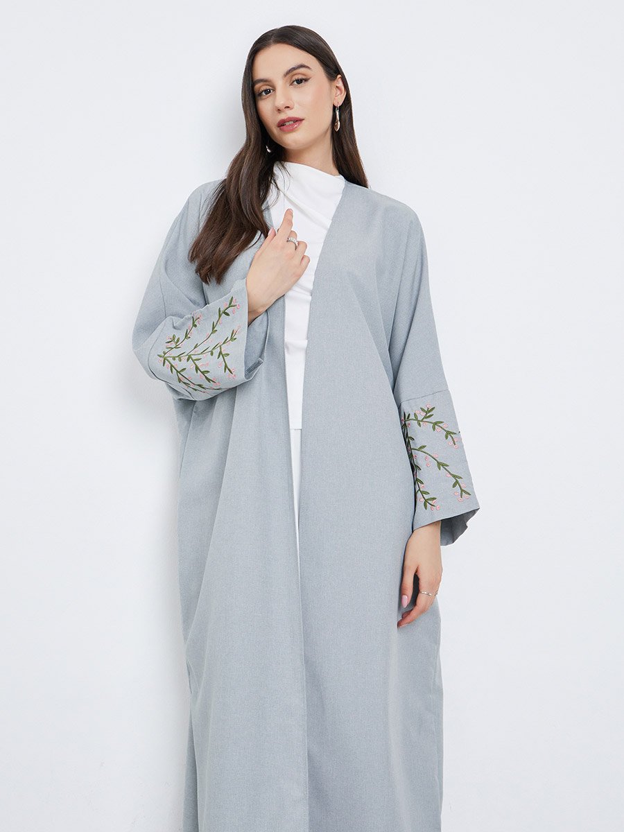 Grey Open Front Embroidered Sleeve Abaya