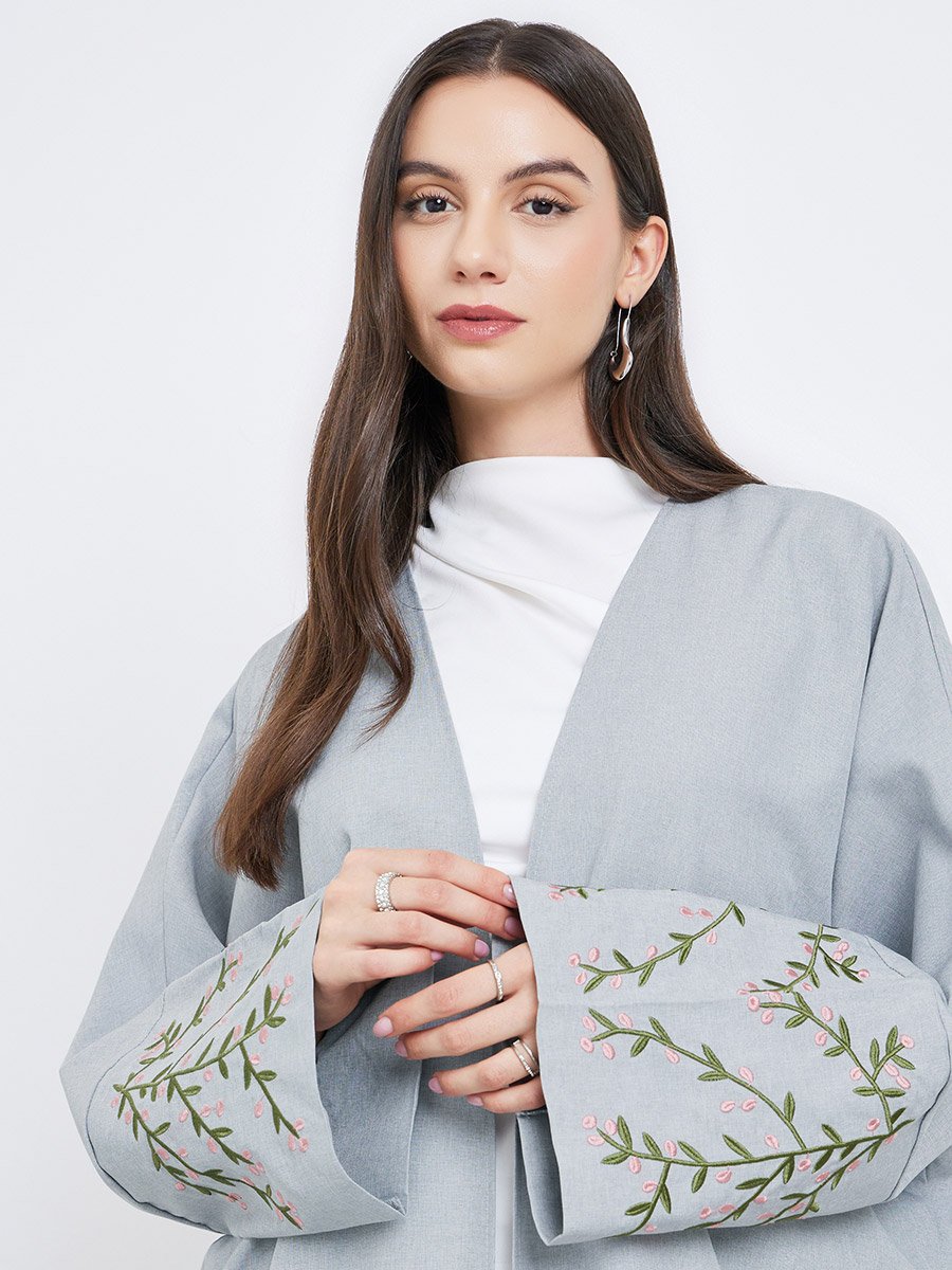 Grey Open Front Embroidered Sleeve Abaya