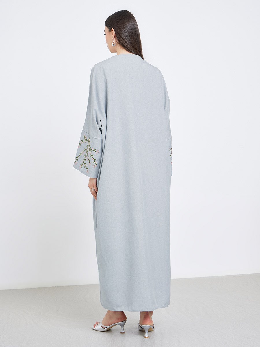 Grey Open Front Embroidered Sleeve Abaya