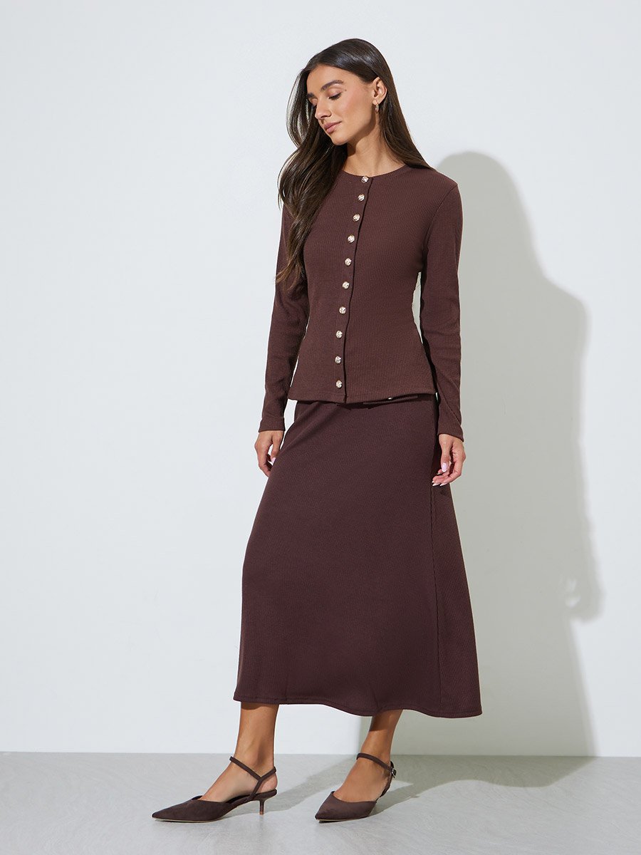 Brown Ribbed A-Line Midi Skirt