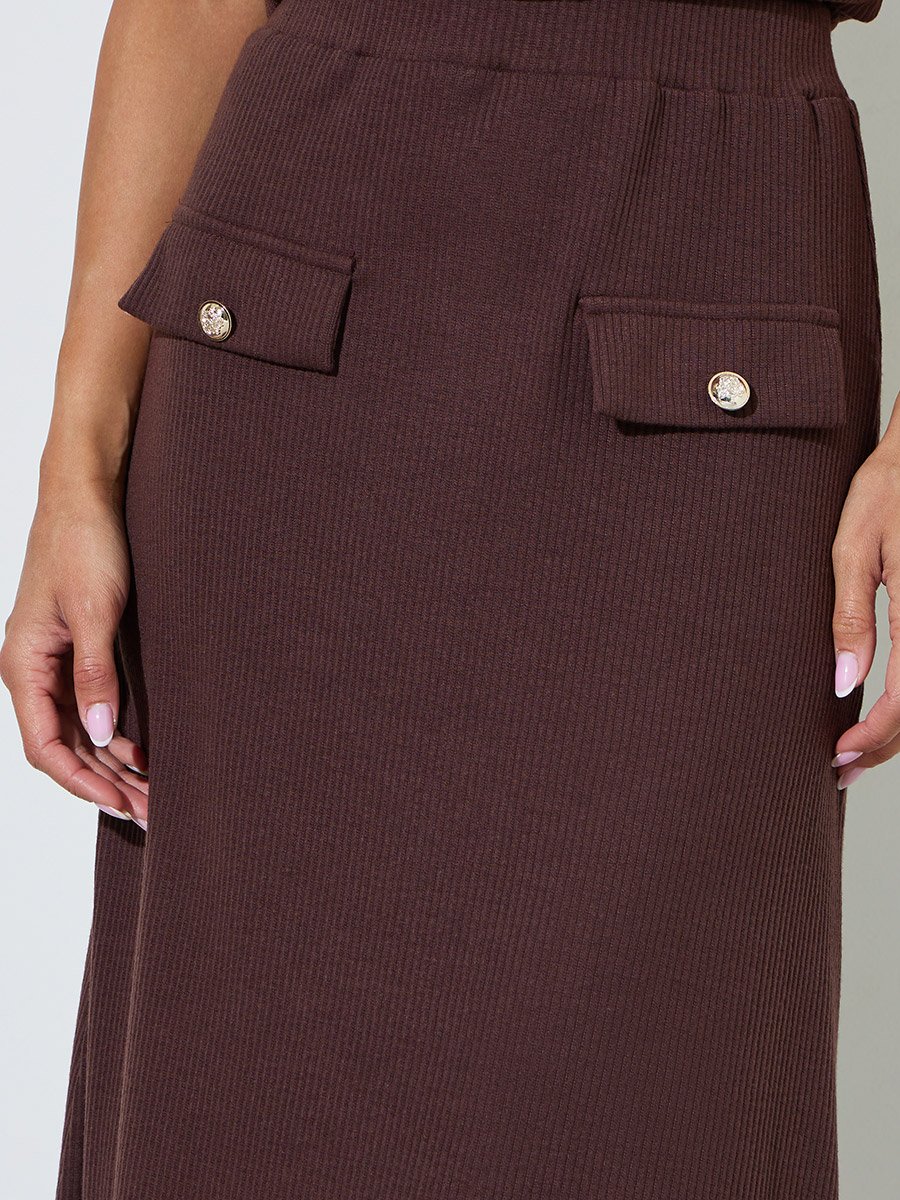 Brown Ribbed A-Line Midi Skirt
