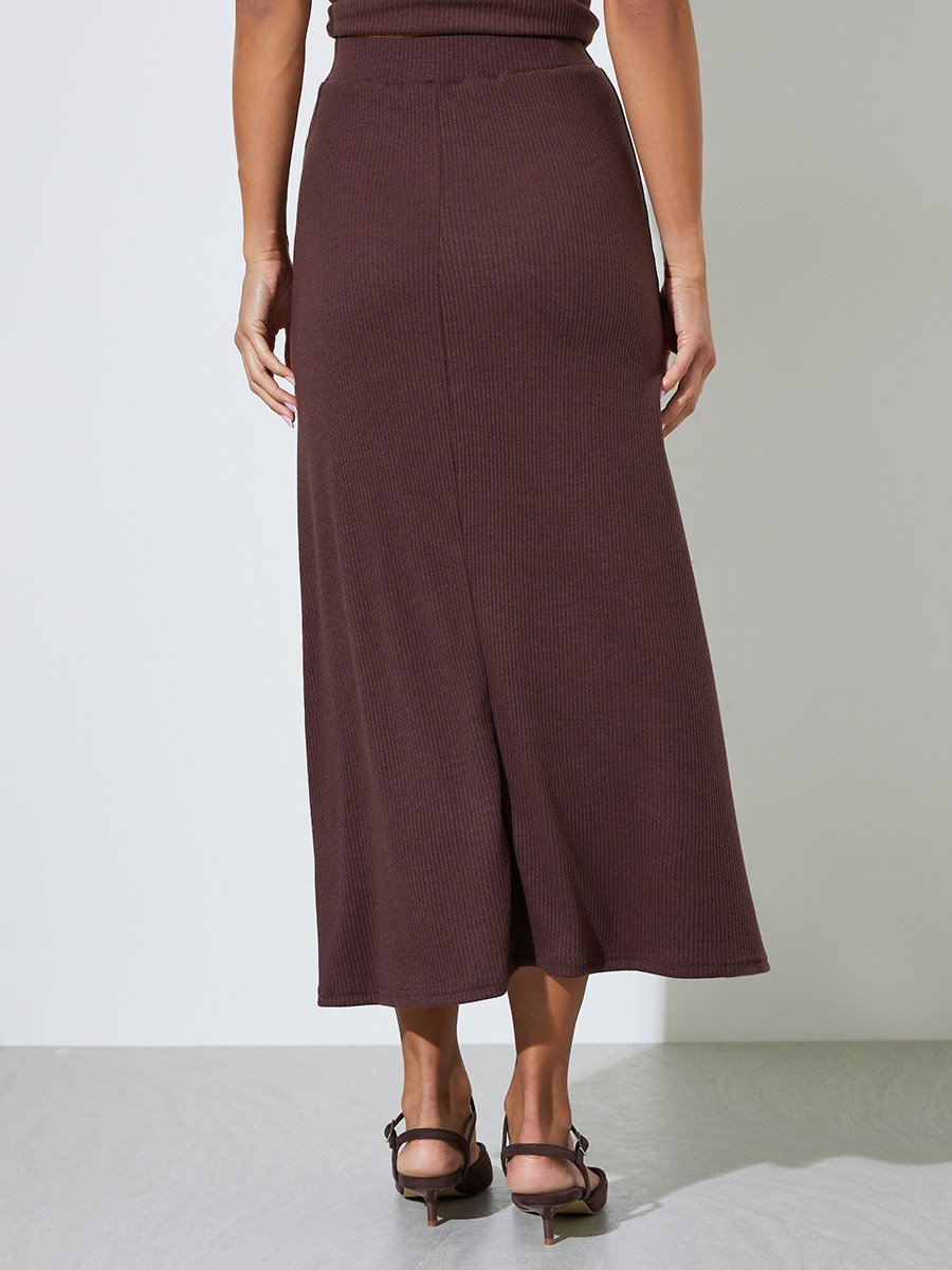 Brown Ribbed A-Line Midi Skirt