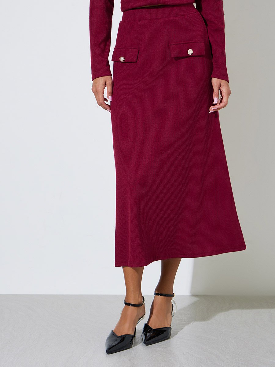 Burgundy Ribbed A-Line Midi Skirt