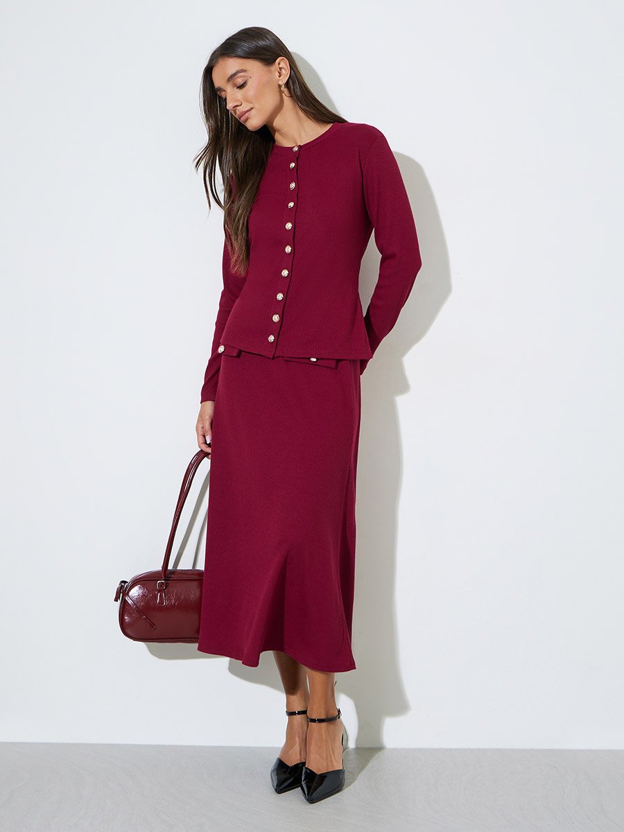 Burgundy Ribbed A-Line Midi Skirt
