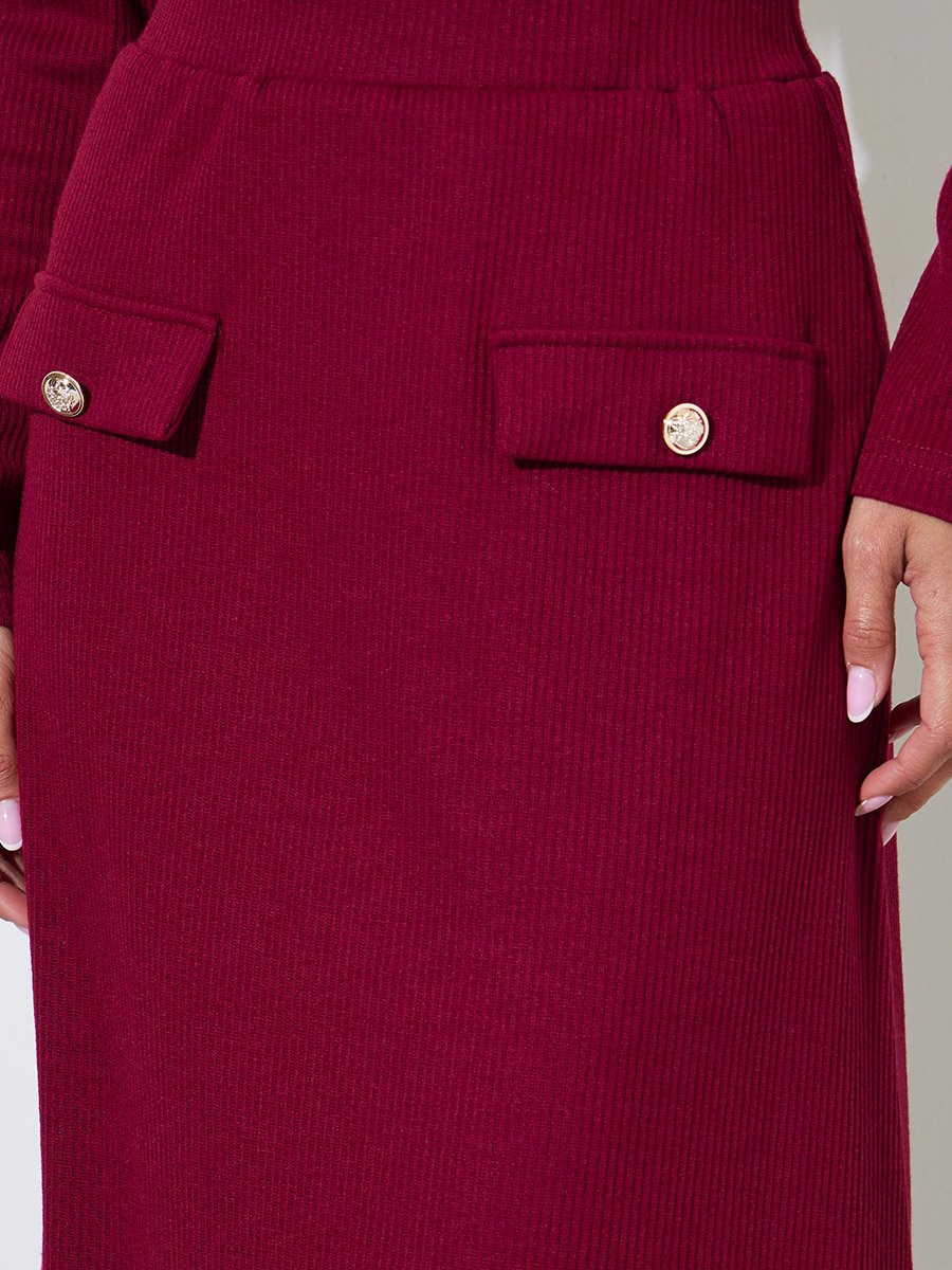 Burgundy Ribbed A-Line Midi Skirt