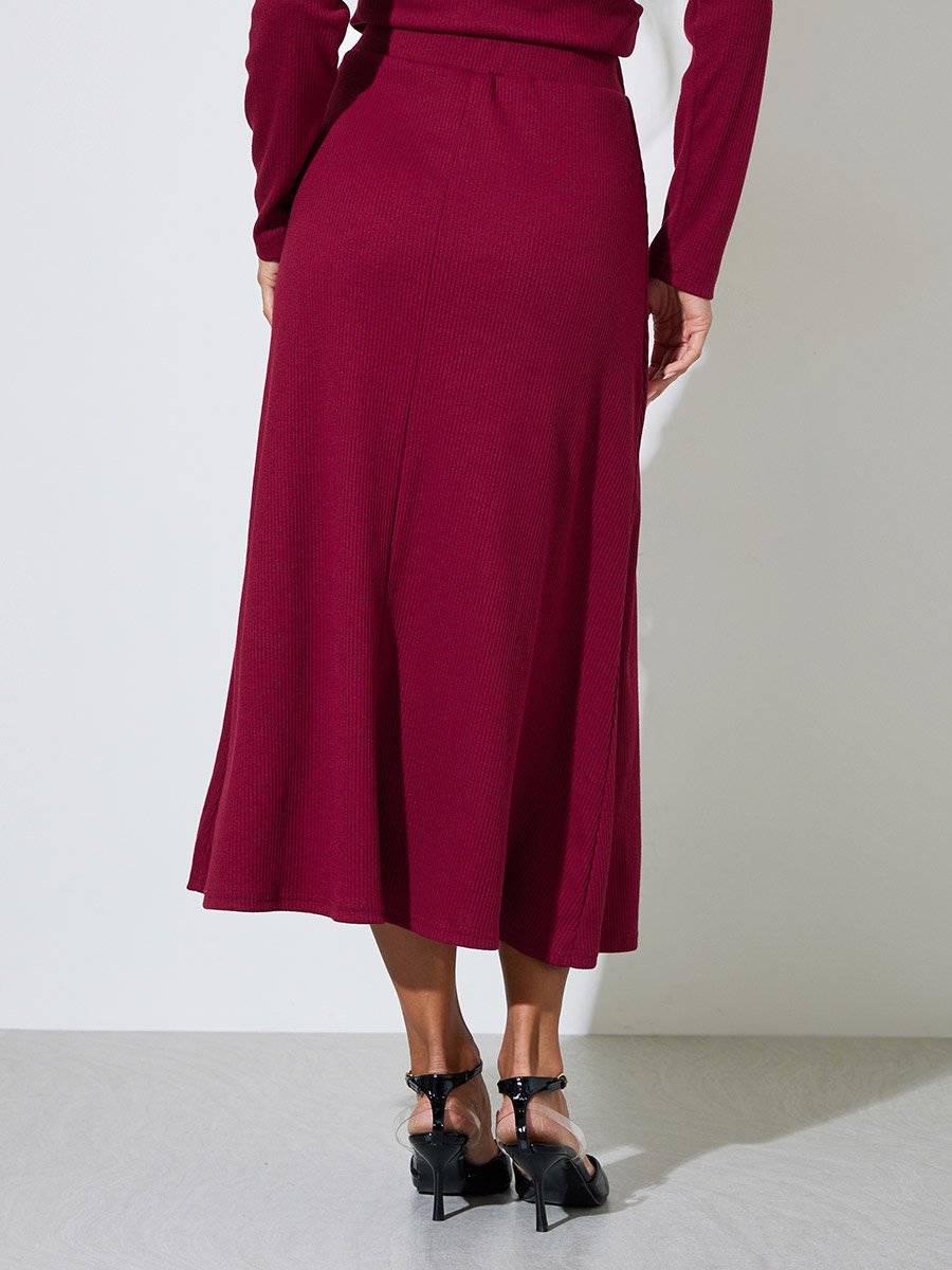 Burgundy Ribbed A-Line Midi Skirt