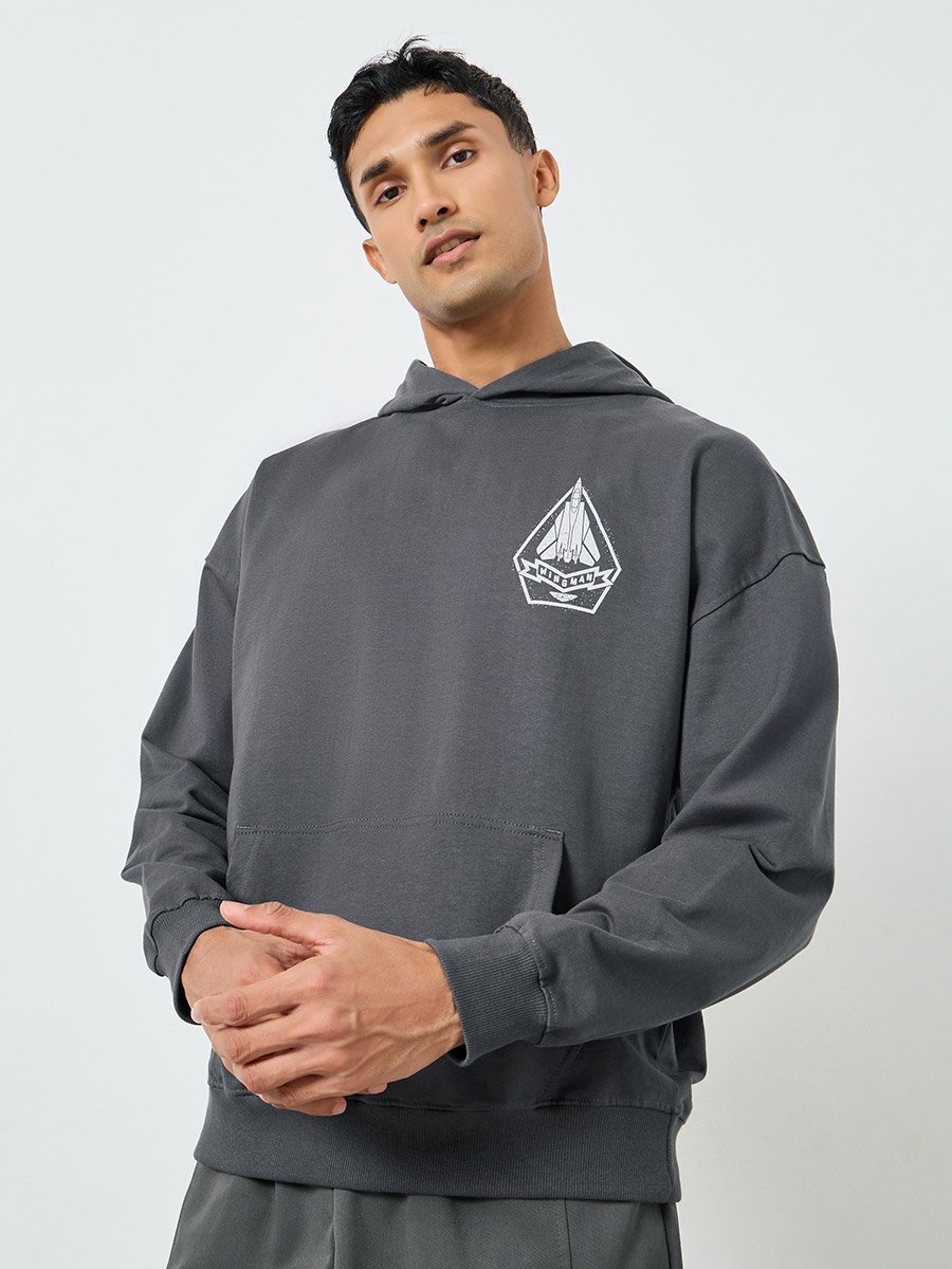 Men Grey Graphic Oversized Hoodie