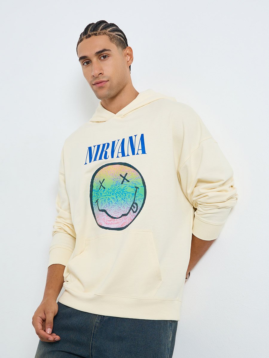 Men Cream Nirvana Graphic Oversized Hoodie