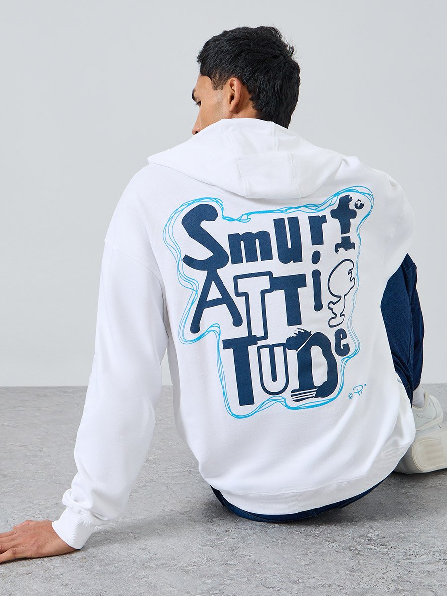 Men White Smurf Graphic Print Hoodie