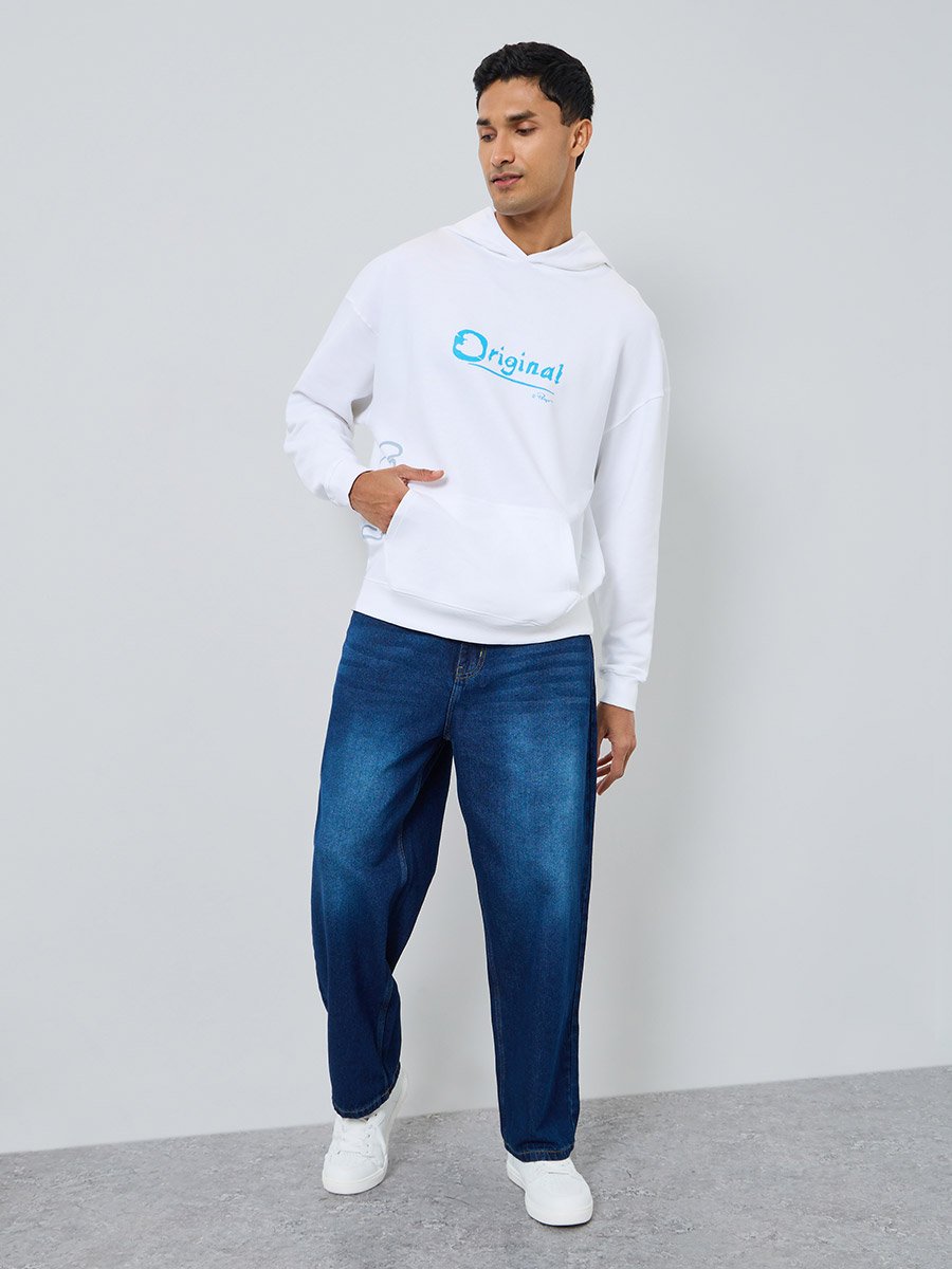 Men White Smurf Graphic Print Hoodie