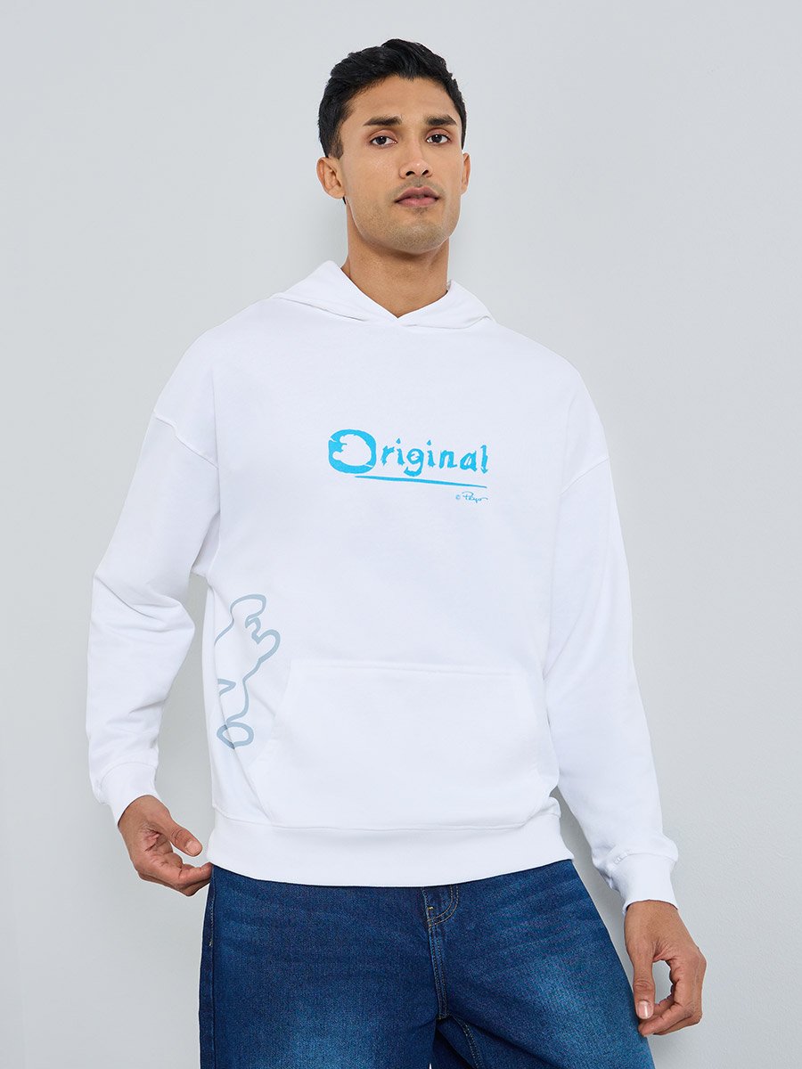 Men White Smurf Graphic Print Hoodie