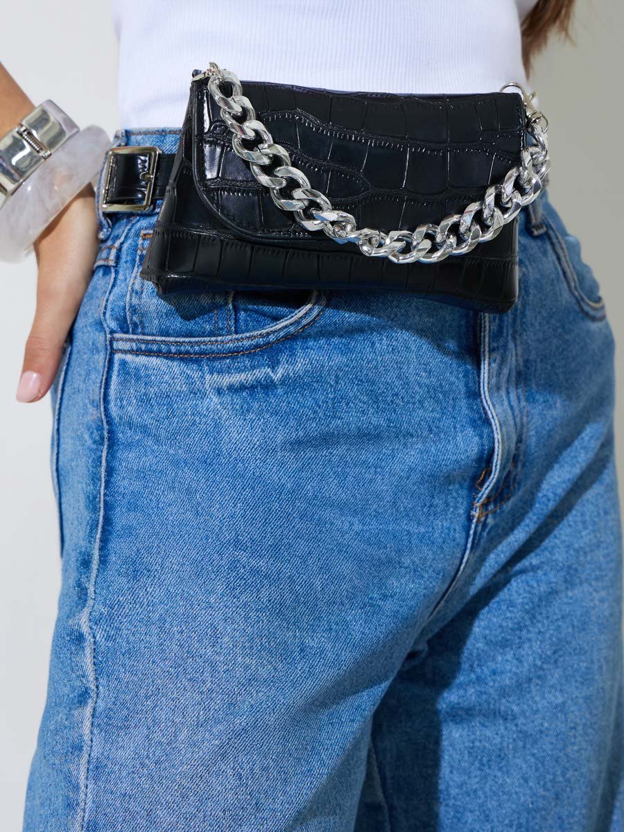Croc Skin Textured Belt Bag with Chain Strap