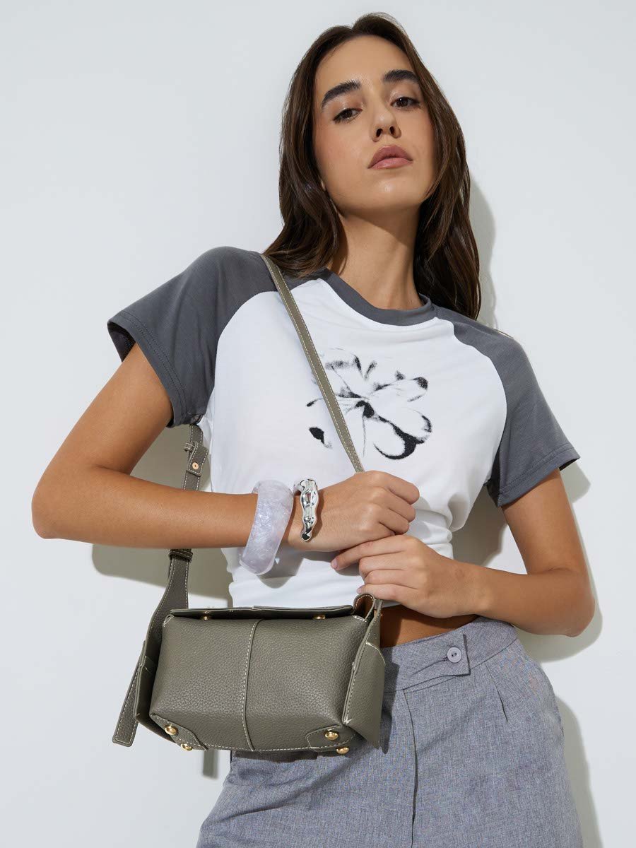 Grey Textured Shoulder Bag with Adjustable Strap