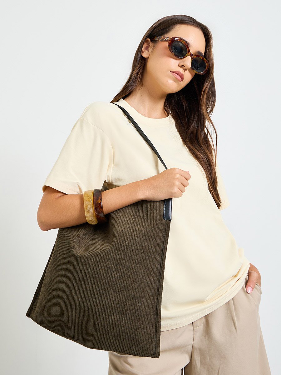 Corduroy Hobo Bag with Leather Straps