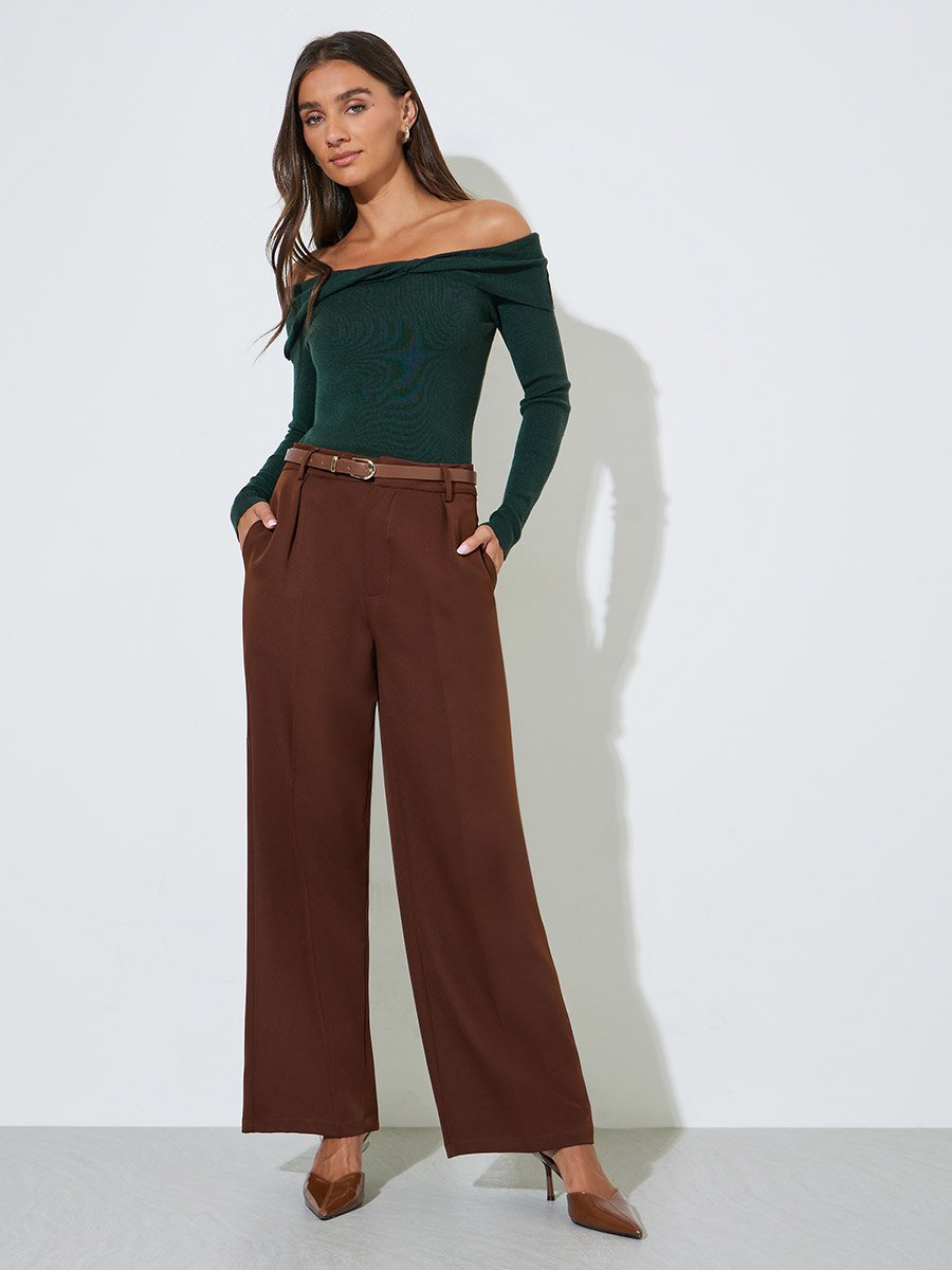 Dark Green Off-Shoulder Neck Ribbed Long Sleeve Top