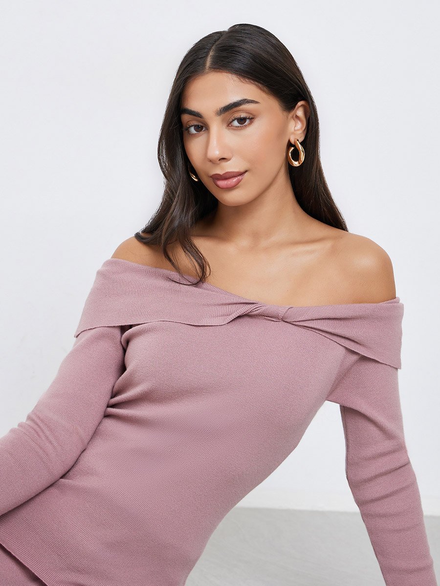 Pink Plain Off Shoulder Knit Top with Twist Detail
