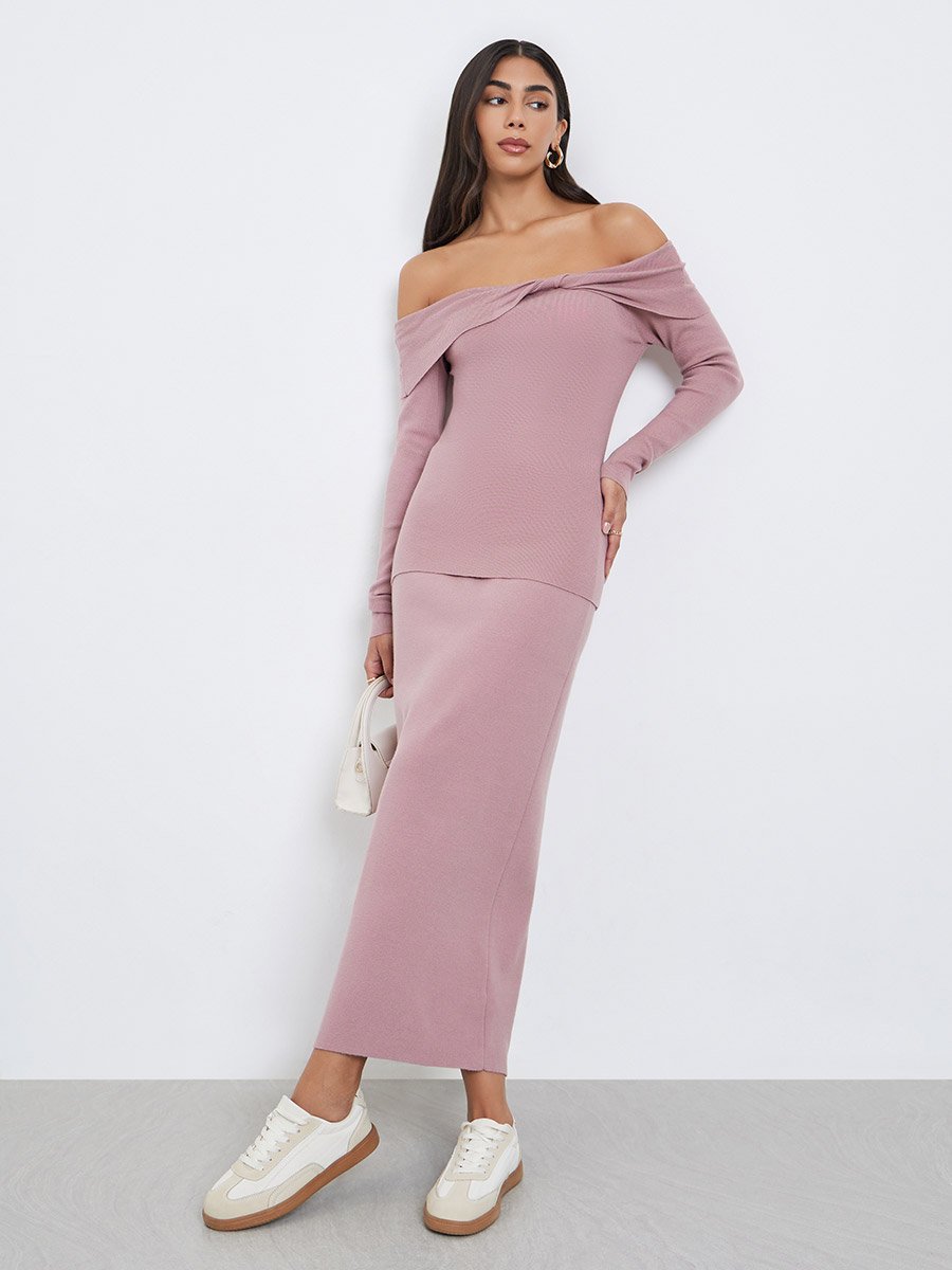 Pink Plain Off Shoulder Knit Top with Twist Detail