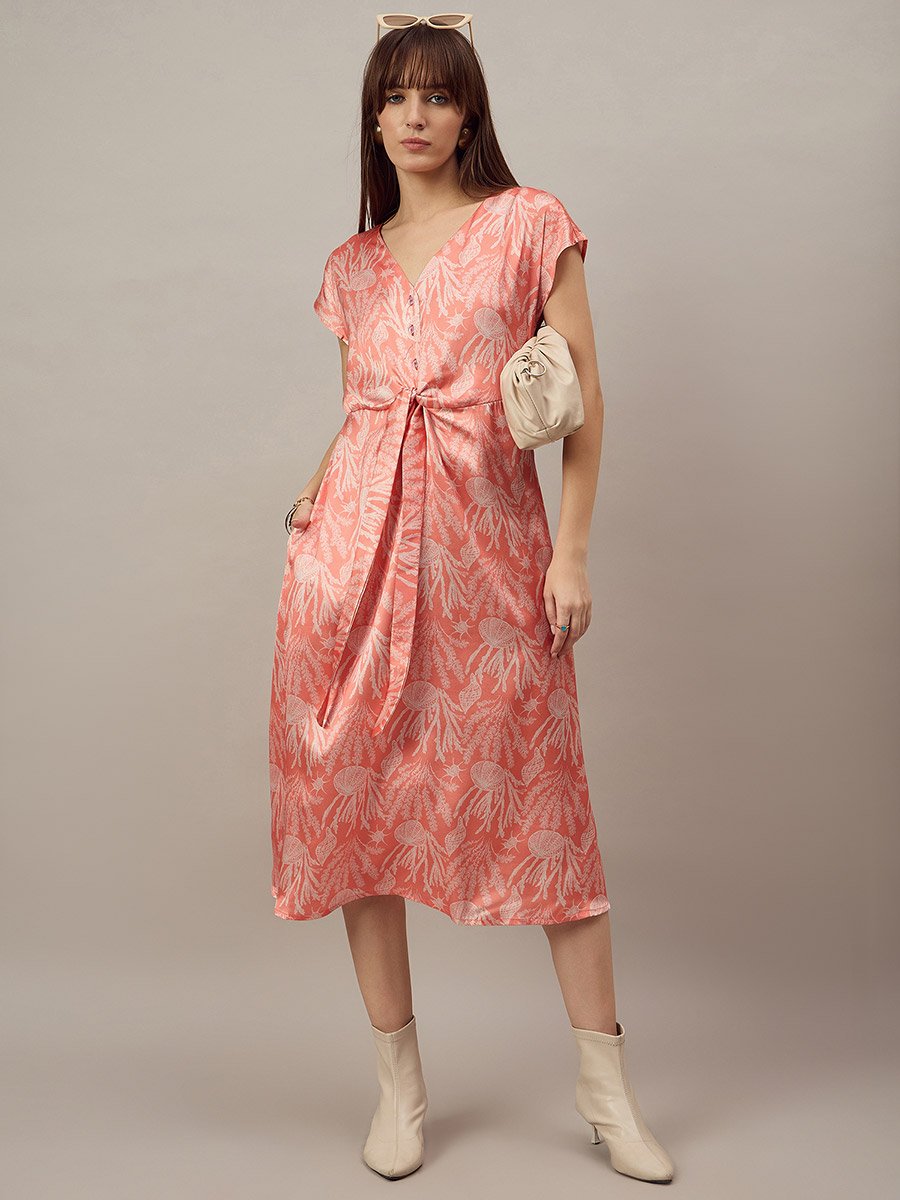 Orange Knot Front Midi Dress