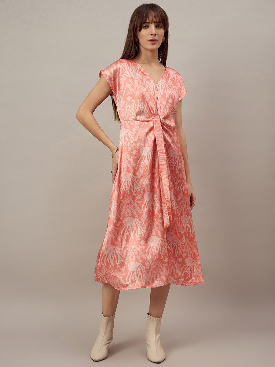 Orange Knot Front Midi Dress