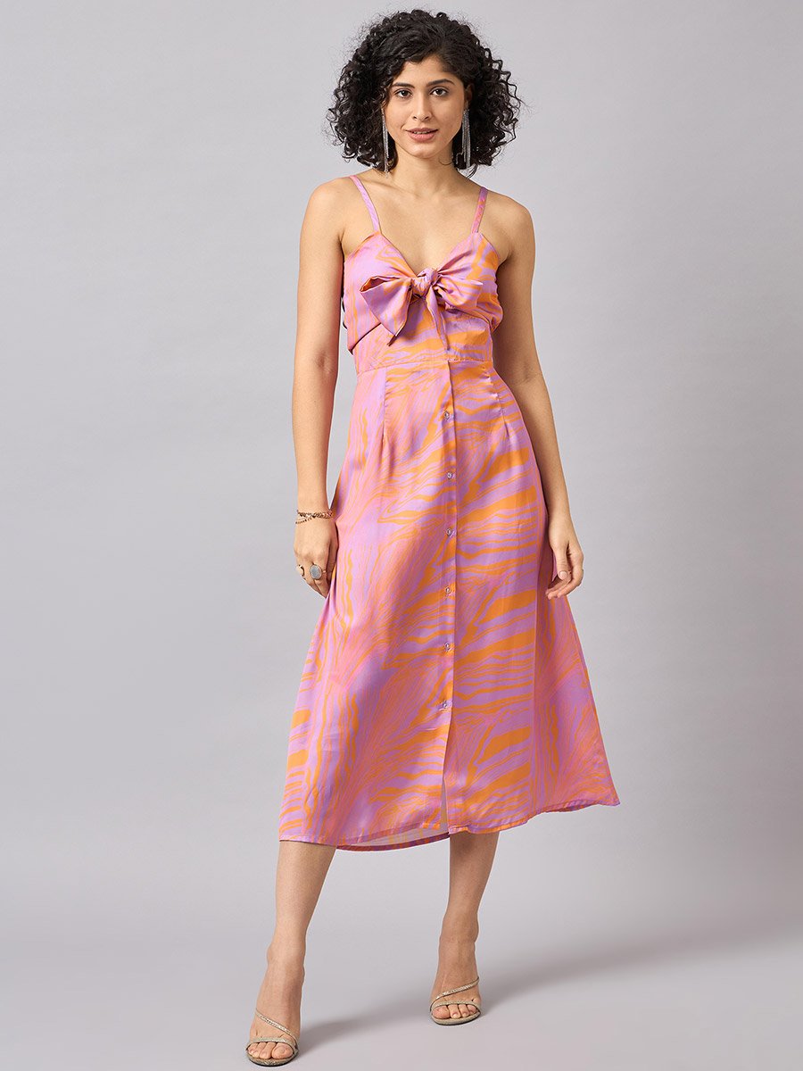 Marble Print Midi Dress with Bow Tie