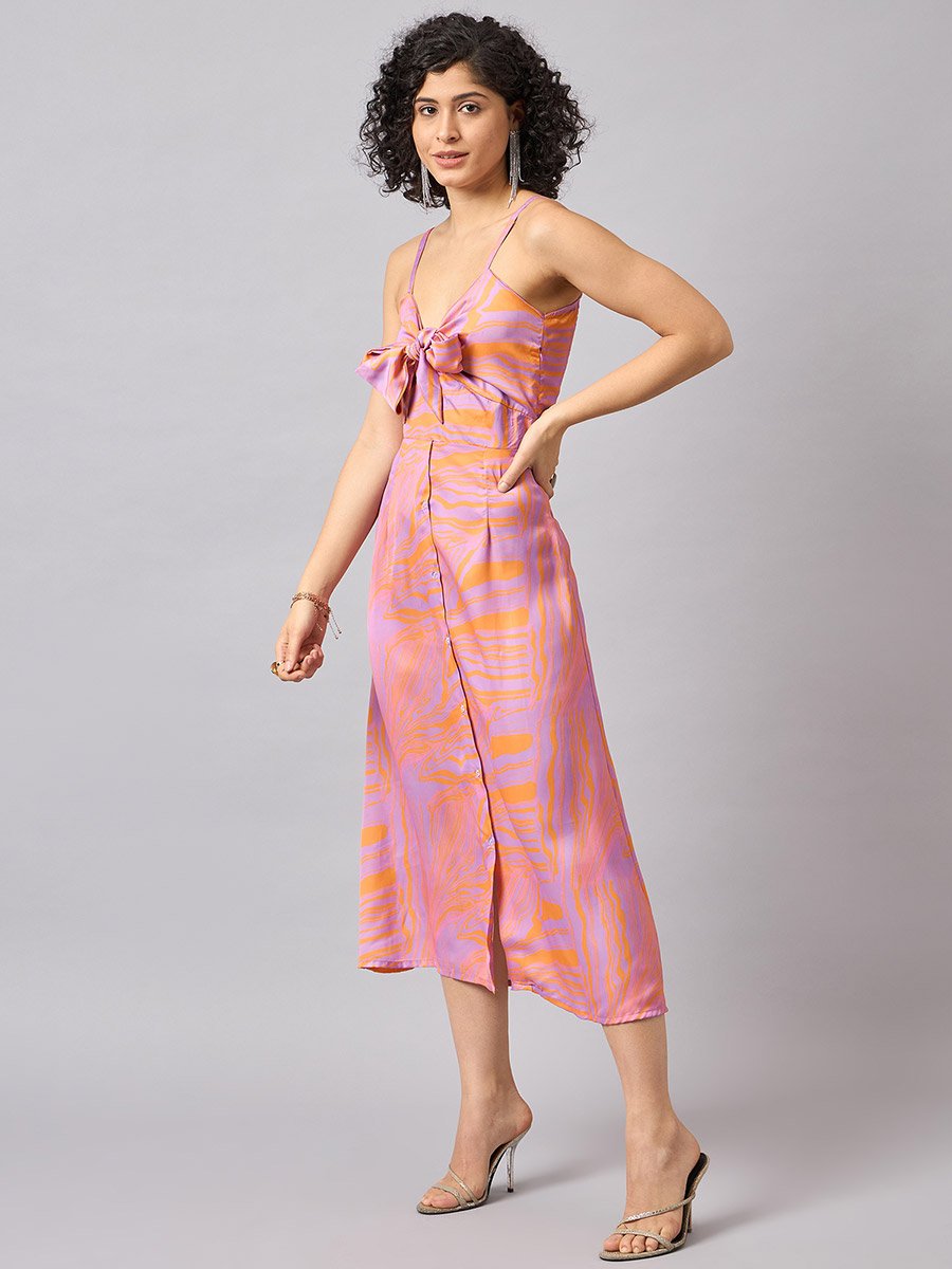 Marble Print Midi Dress with Bow Tie