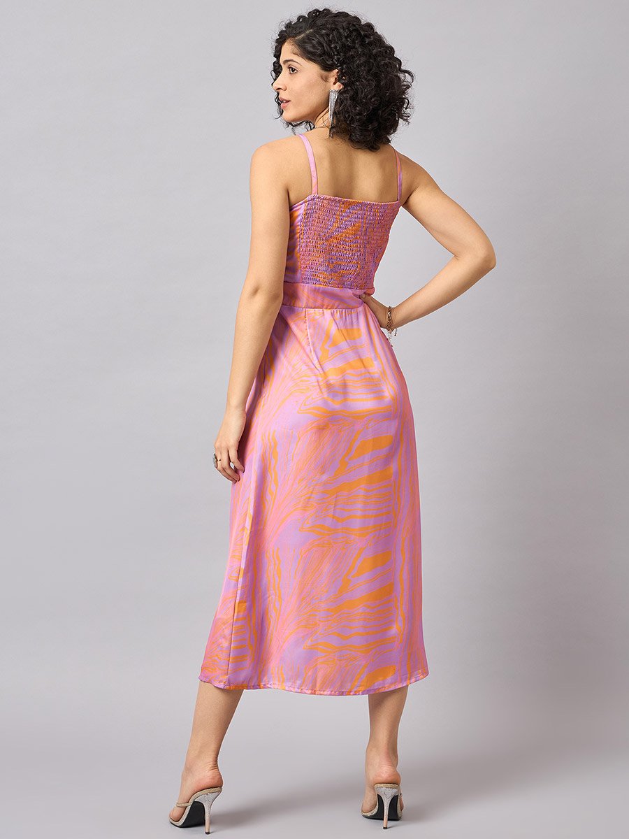 Marble Print Midi Dress with Bow Tie