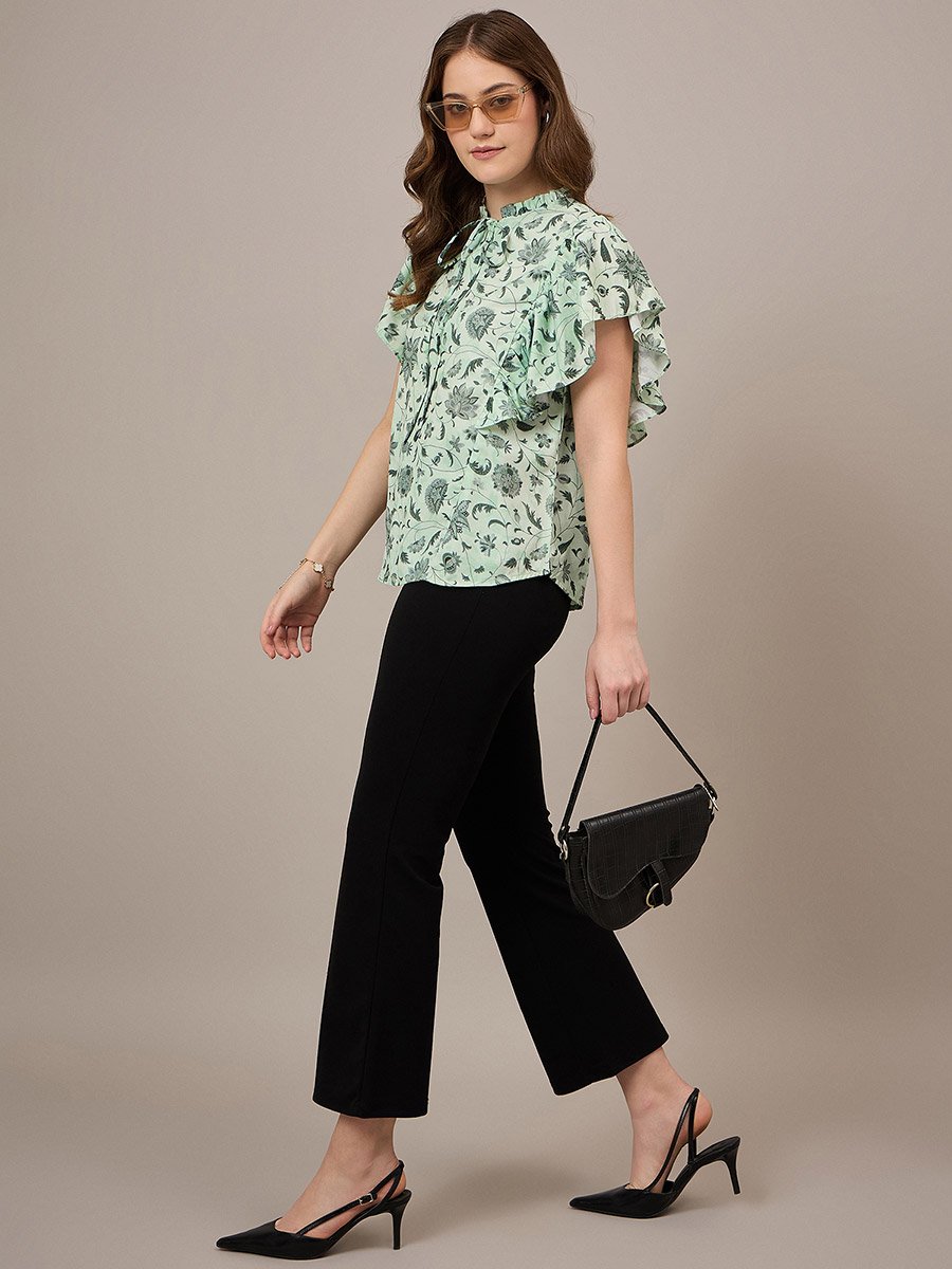 Green Floral Ruffled Sleeves Top