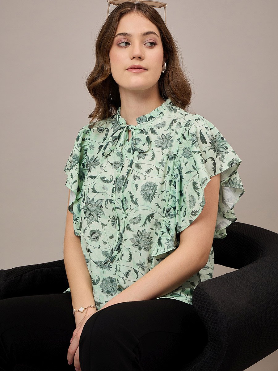 Green Floral Ruffled Sleeves Top