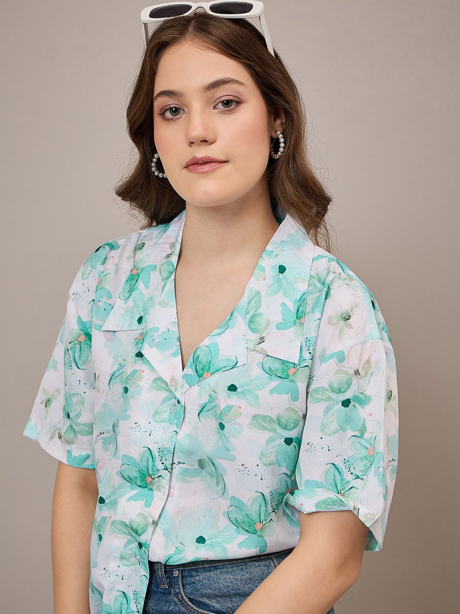 Green Floral Print Longline Shirt