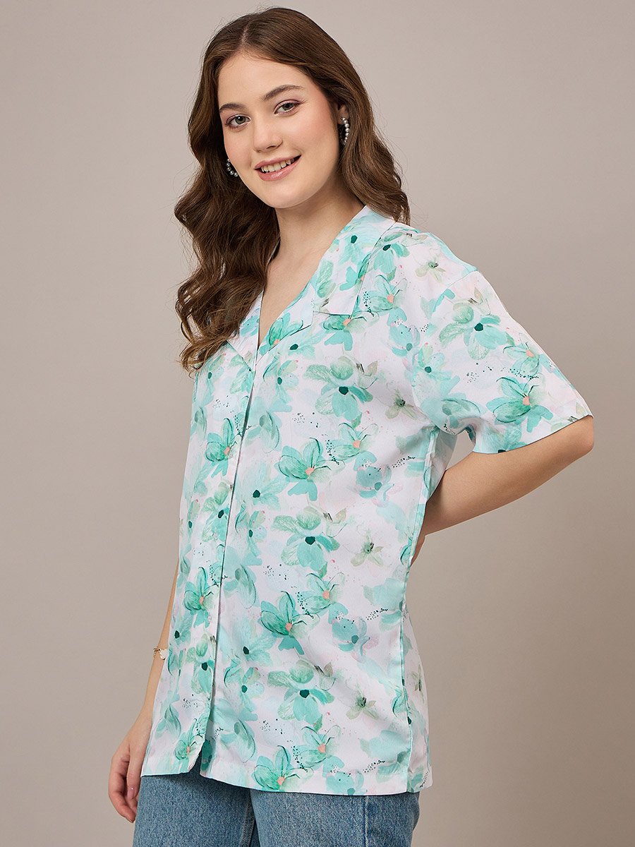Green Floral Print Longline Shirt