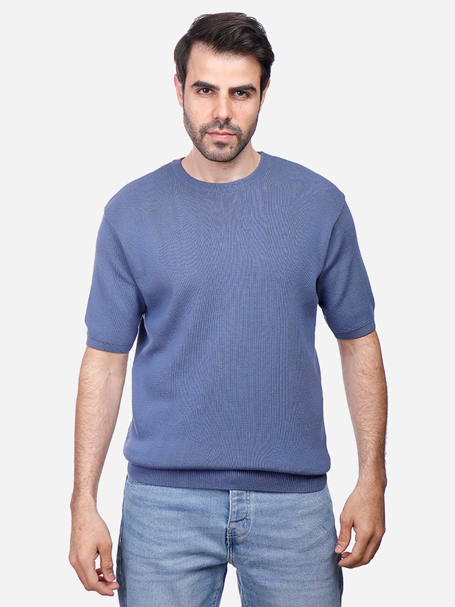 Men Blue Crew Neck Knit T-Shirt