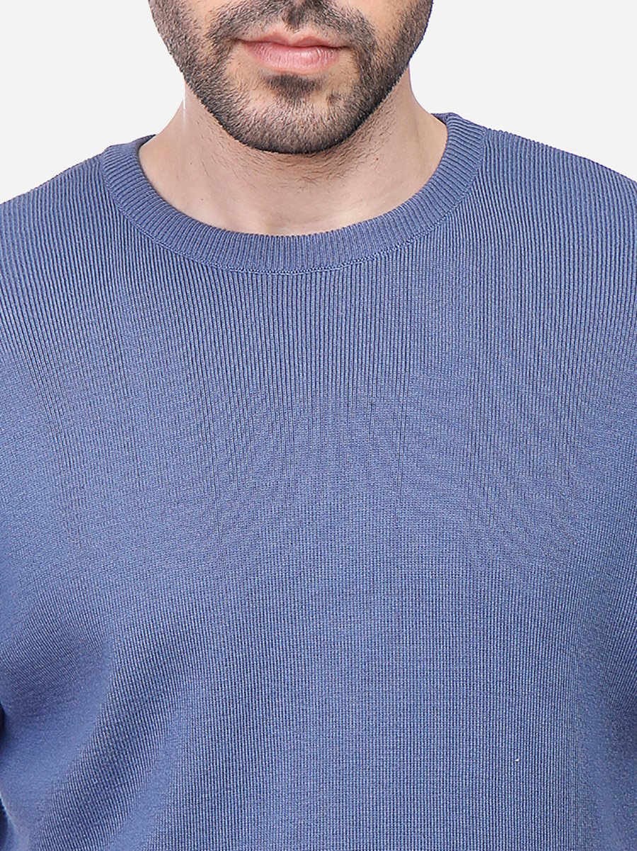 Men Blue Crew Neck Knit T-Shirt