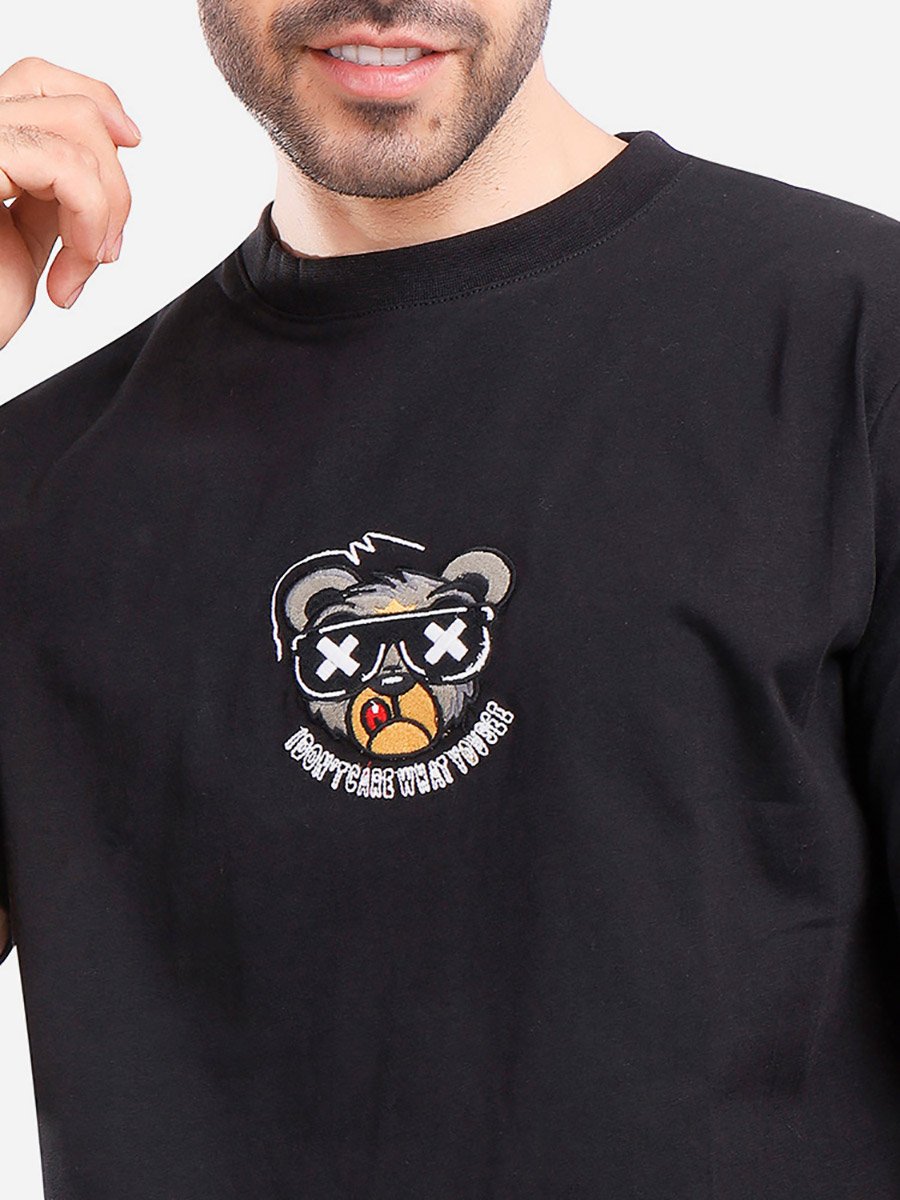 Men Black Oversized Embroidered T-Shirt