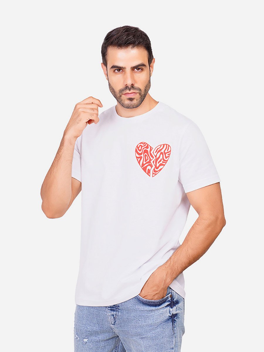 Men White Heart Graphic Single Jersey T-Shirt