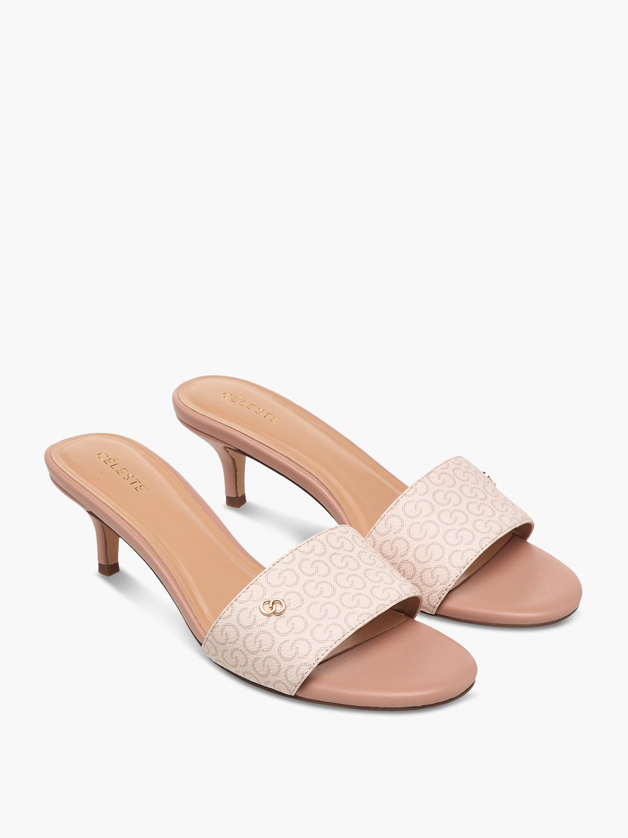 Women Monogram Print Open Toe Sandals with Kitten Heels