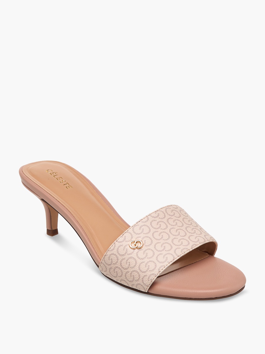 Women Monogram Print Open Toe Sandals with Kitten Heels