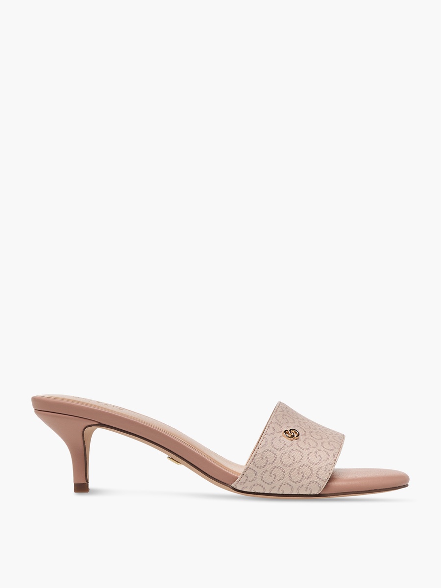 Women Monogram Print Open Toe Sandals with Kitten Heels
