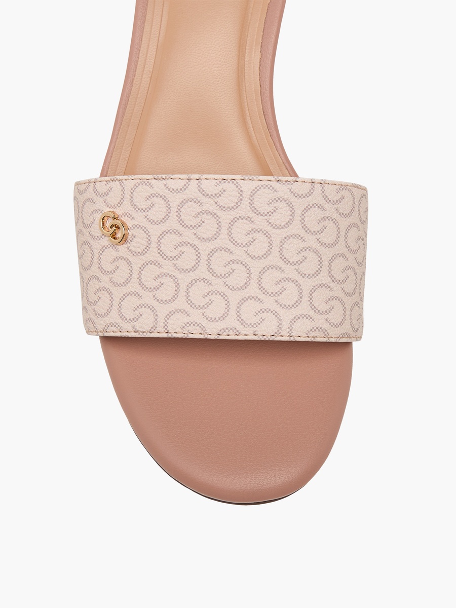 Women Monogram Print Open Toe Sandals with Kitten Heels