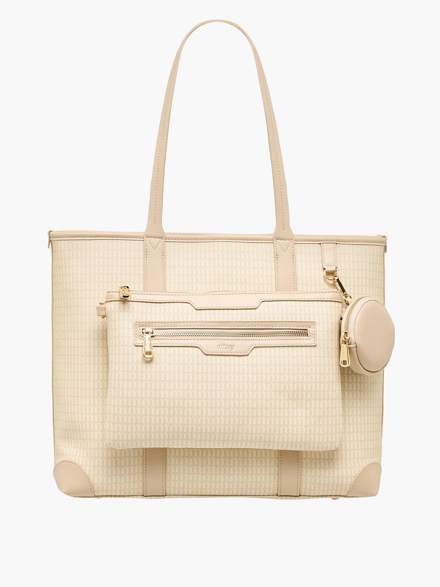 Monogram Print Tote Bag with Double Handle and Detachable Pouch