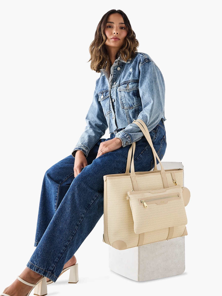 Monogram Print Tote Bag with Double Handle and Detachable Pouch