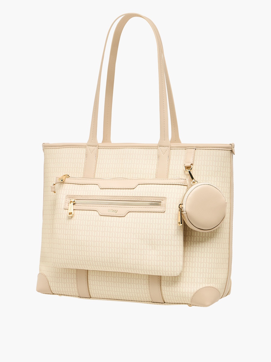 Monogram Print Tote Bag with Double Handle and Detachable Pouch